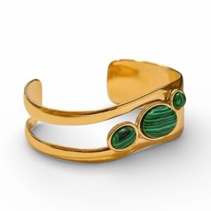 Gold Cuff Bracelet with Green Malachite Stones – Adjustable